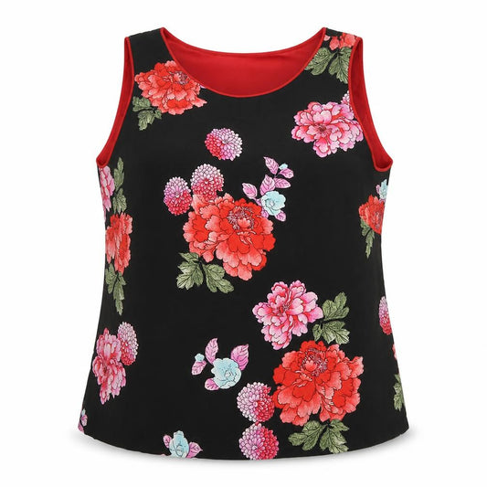 Front view of Jacques Vert Women Black Floral Viscose Tank Top UK 20 Lined Scoop Neck