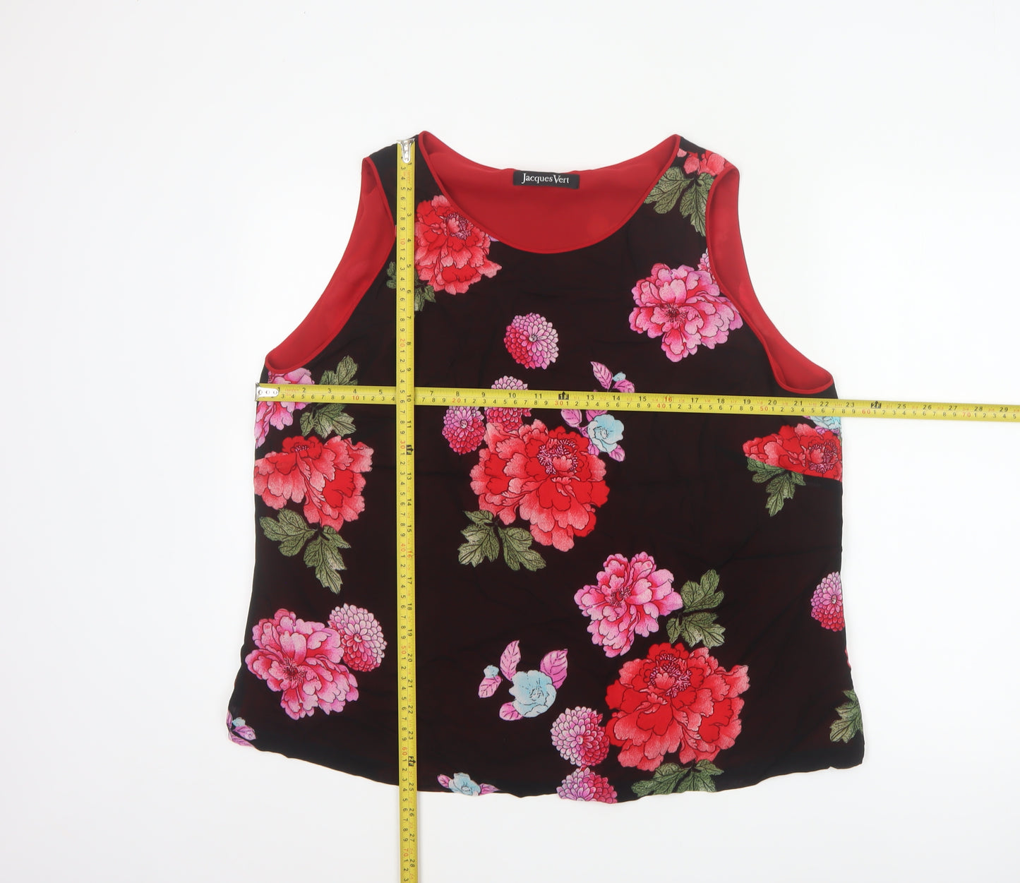 Jacques Vert Women Black Floral Viscose Tank Top UK 20 Lined Scoop Neck