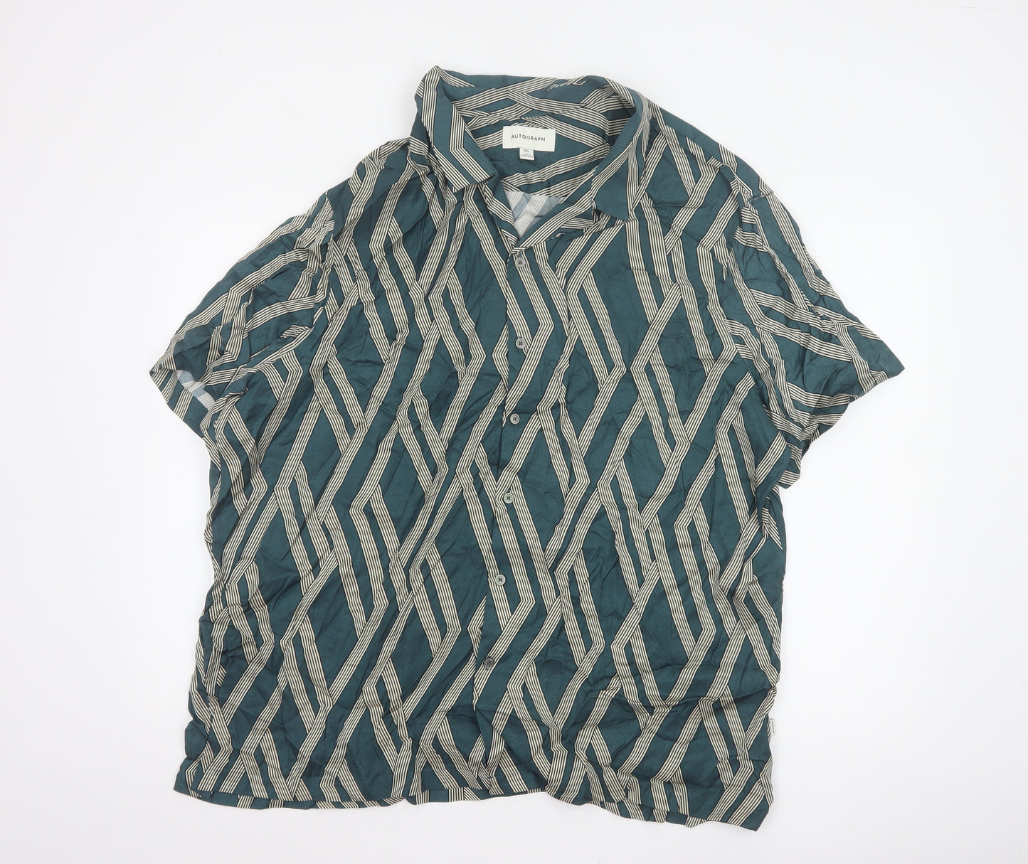 Autograph Men’s Green 3XL Geometric Viscose Short Sleeve Button-Up Shirt