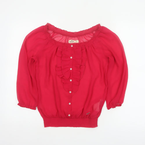 Hollister Women Red S Sheer Ruffle Button 3/4 Sleeve Blouse