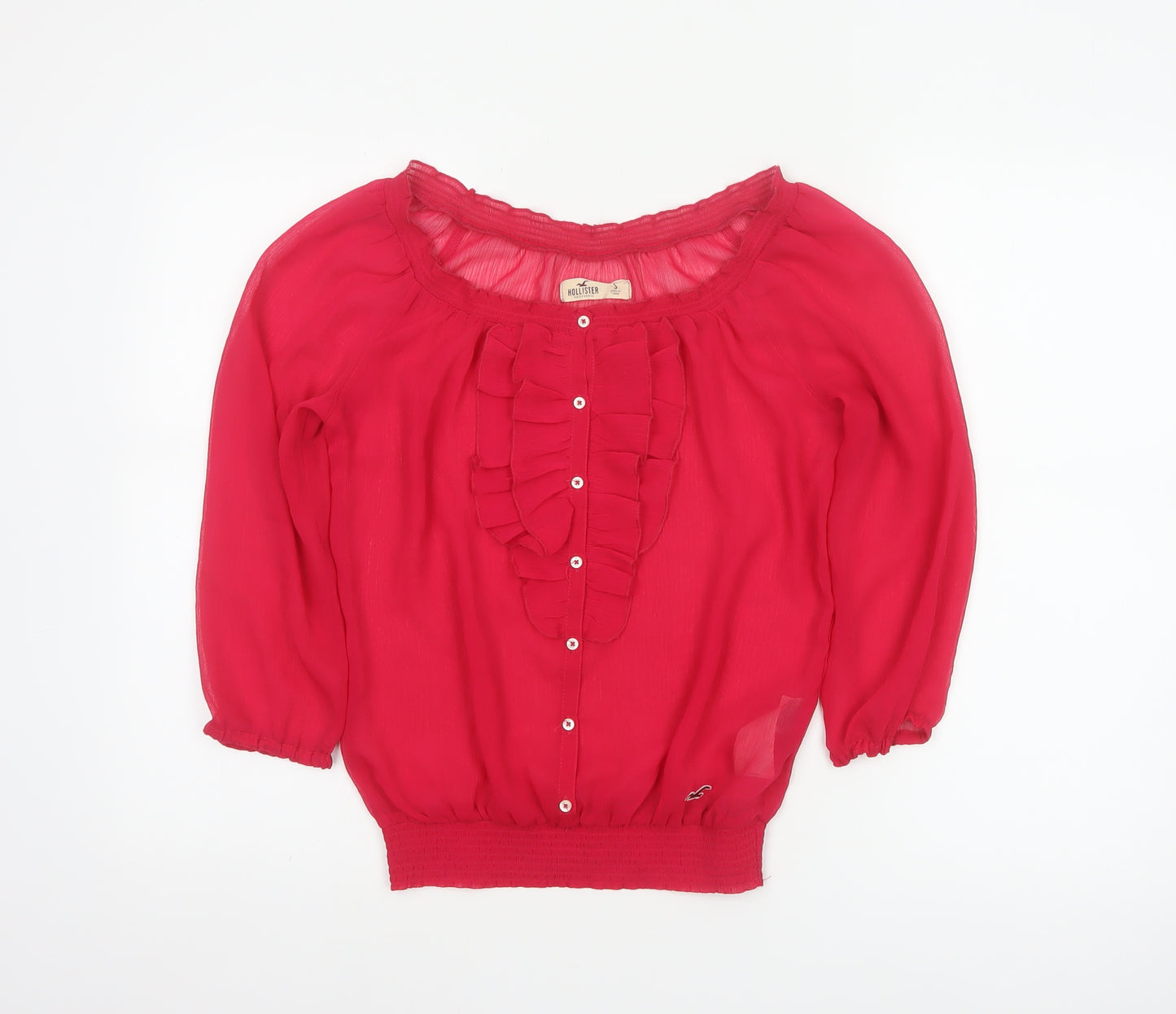 Hollister Women Red S Sheer Ruffle Button 3/4 Sleeve Blouse