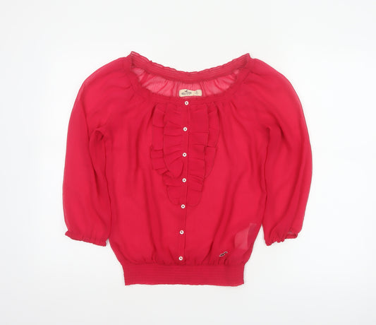 Hollister Women Red S Sheer Ruffle Button 3/4 Sleeve Blouse