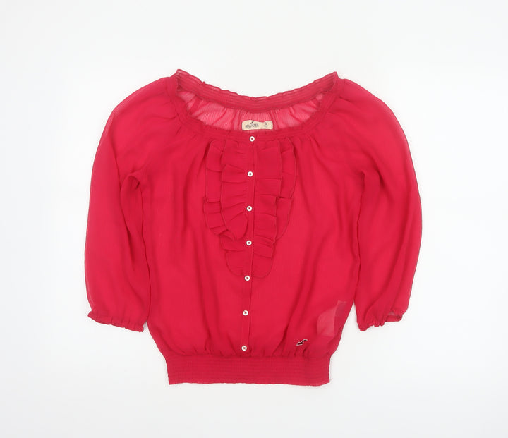 Hollister Women Red S Sheer Ruffle Button 3/4 Sleeve Blouse
