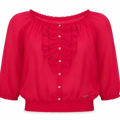 Hollister Women Red S Sheer Ruffle Button 3/4 Sleeve Blouse
