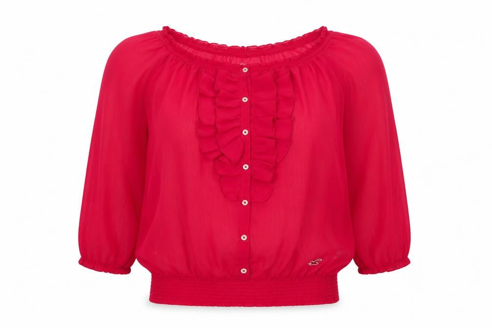 Hollister Women Red S Sheer Ruffle Button 3/4 Sleeve Blouse