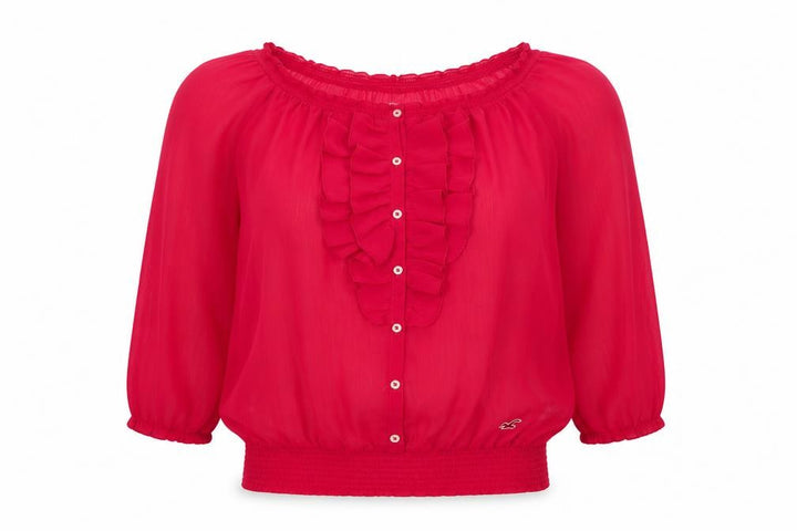 Hollister Women Red S Sheer Ruffle Button 3/4 Sleeve Blouse
