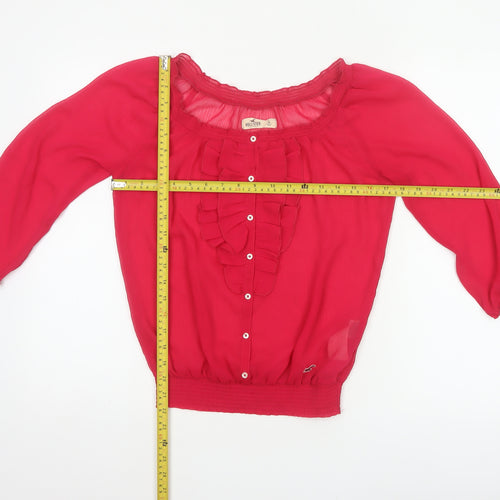 Hollister Women Red S Sheer Ruffle Button 3/4 Sleeve Blouse