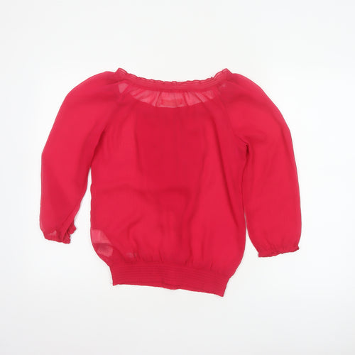 Hollister Women Red S Sheer Ruffle Button 3/4 Sleeve Blouse