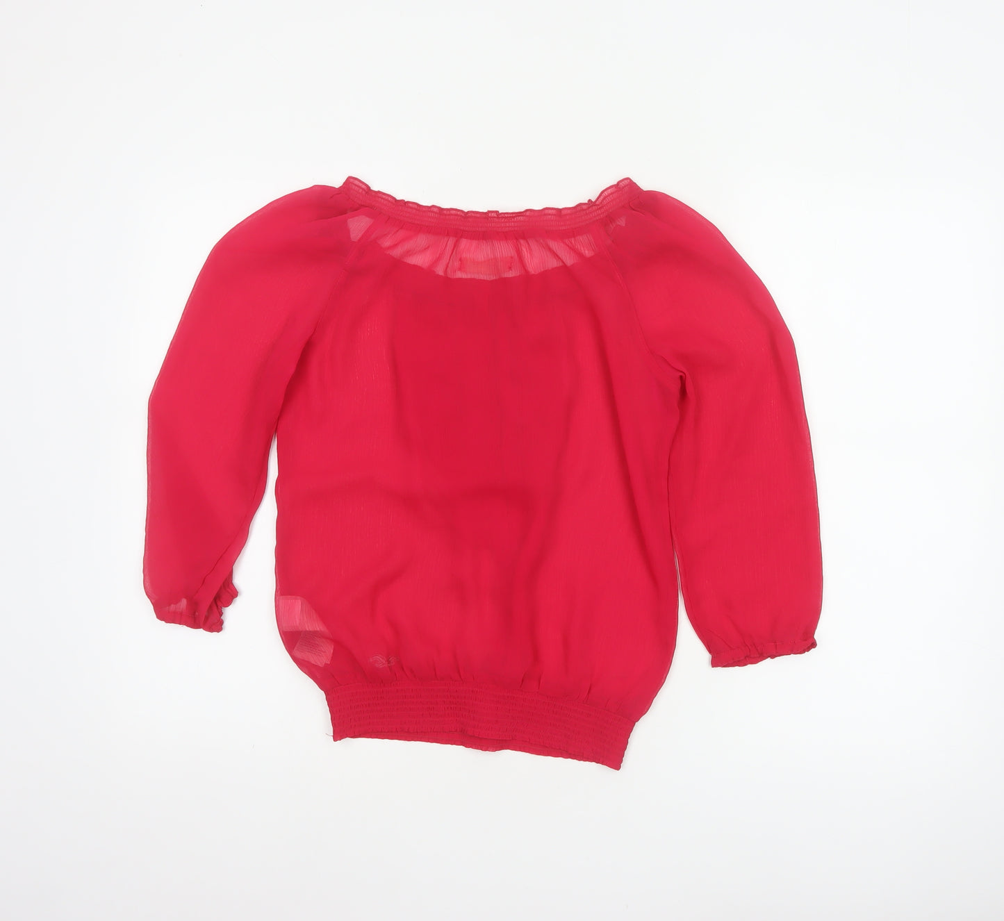 Hollister Women Red S Sheer Ruffle Button 3/4 Sleeve Blouse