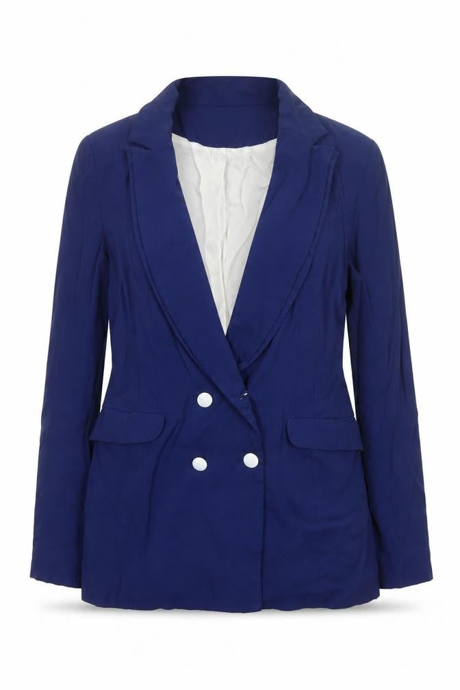 Front view of Reiss Women’s Blue L Double-Breasted Peak Lapel Tailored Blazer