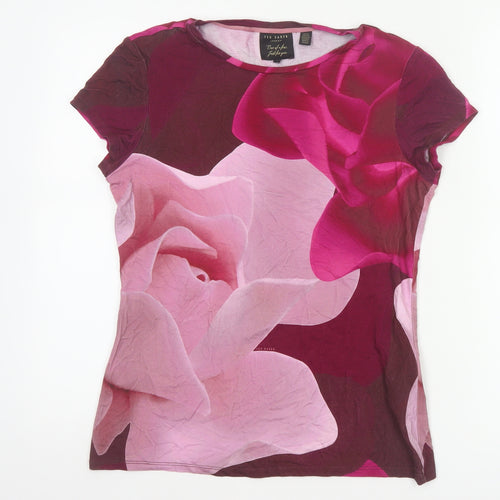 Ted Baker Women’s Pink Floral Jersey T-Shirt UK 12 Short Sleeve