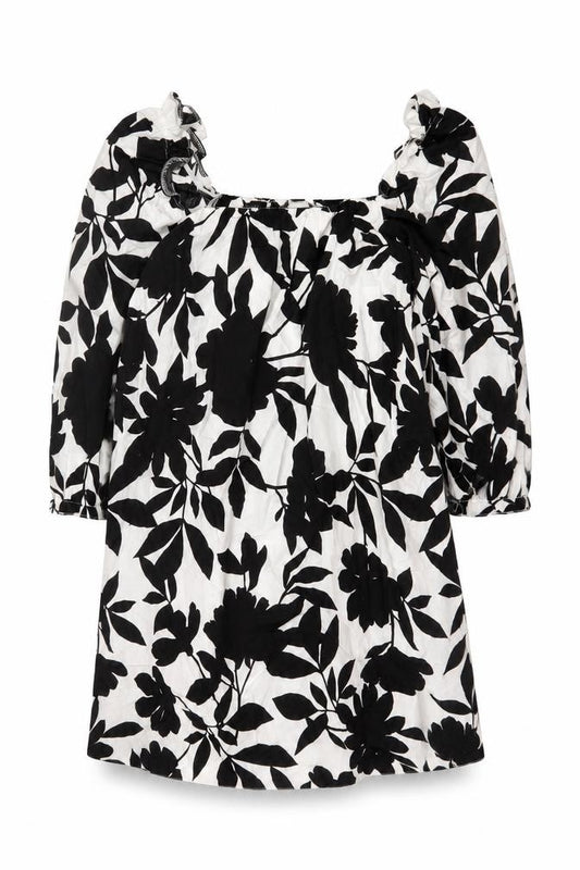 Front view of New Look Petite Women’s Black White Floral Off Shoulder Swing Dress UK 6