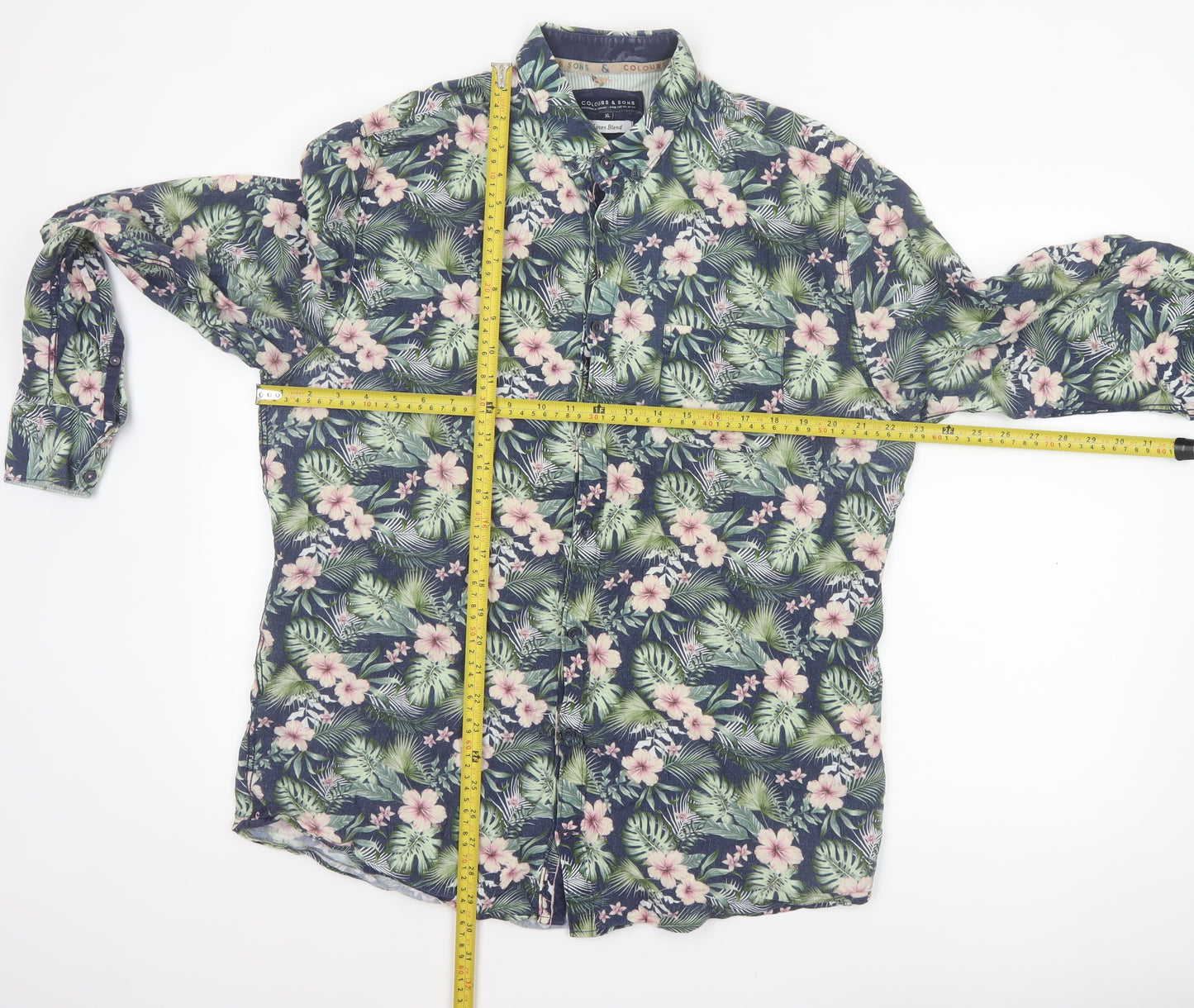 Colours & Sons Men’s Multicoloured XL Tropical Floral Linen Blend Shirt