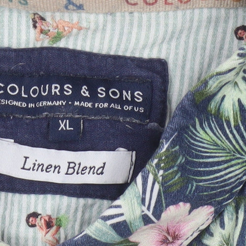Colours & Sons Men’s Multicoloured XL Tropical Floral Linen Blend Shirt