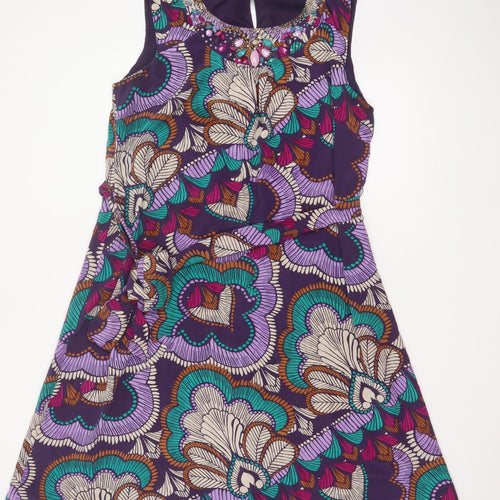 Windsmoor Women Purple Silk Floral Beaded A-Line Dress UK 16