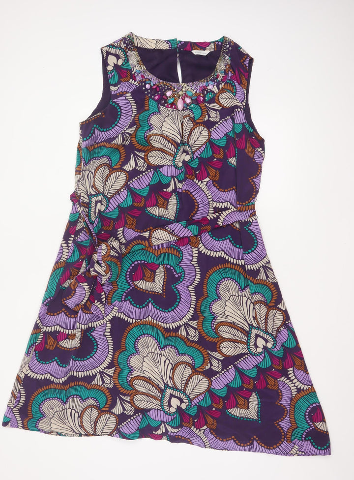 Windsmoor Women Purple Silk Floral Beaded A-Line Dress UK 16