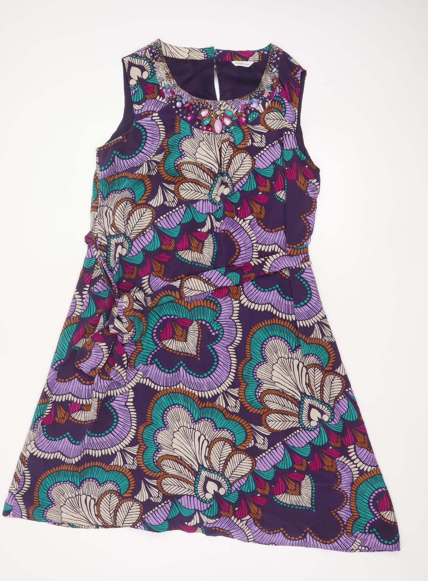 Windsmoor Women Purple Silk Floral Beaded A-Line Dress UK 16