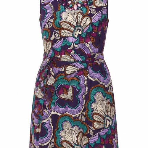 Windsmoor Women Purple Silk Floral Beaded A-Line Dress UK 16