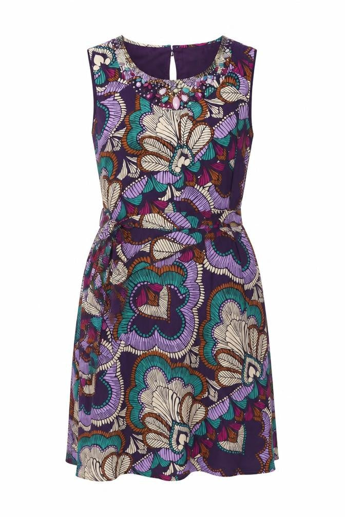 Windsmoor Women Purple Silk Floral Beaded A-Line Dress UK 16