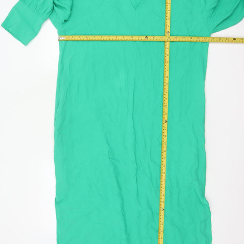 Hush Women Green UK 12 Long Shift Dress V-Neck Balloon Sleeve Viscose