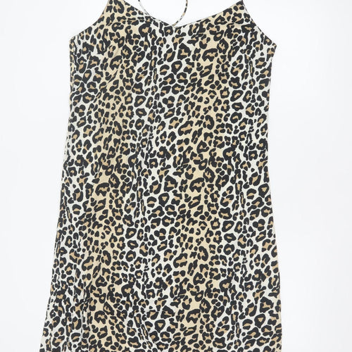 Brave Soul Women Beige Leopard Print Slip Dress L Strappy Knee Length