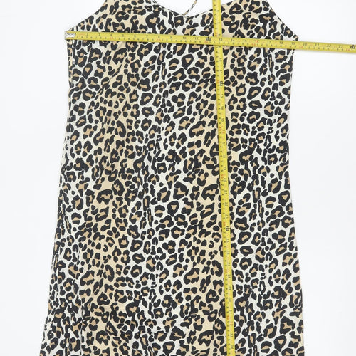 Brave Soul Women Beige Leopard Print Slip Dress L Strappy Knee Length