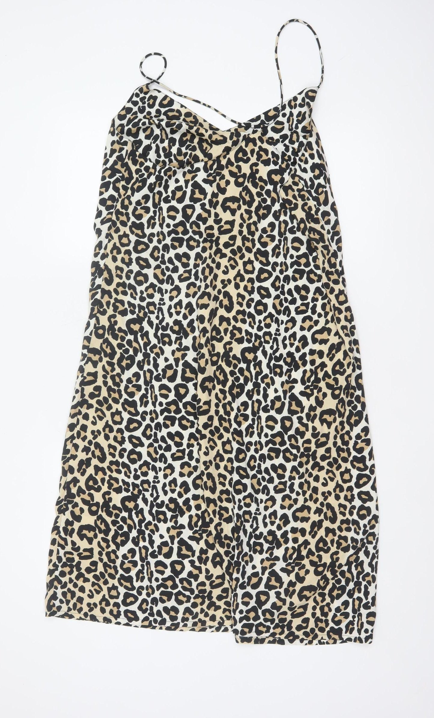 Brave Soul Women Beige Leopard Print Slip Dress L Strappy Knee Length