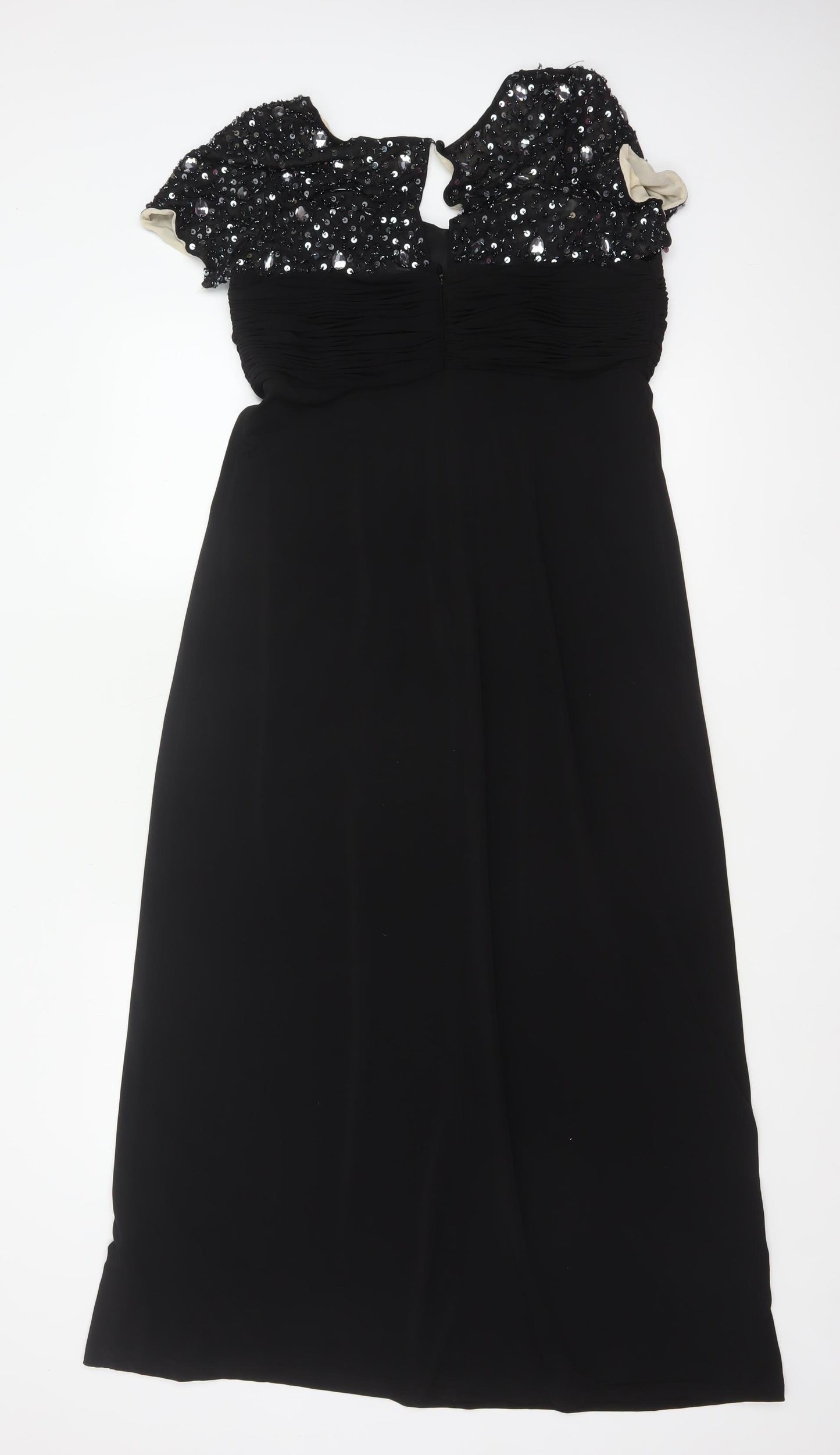 Berkertex Women Black UK 12 Maxi Evening Dress Sequin Cap Sleeve