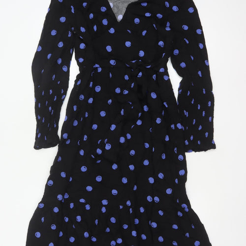 Nobody's Child Women Black Blue Polka Dot Wrap Midi Dress UK 12