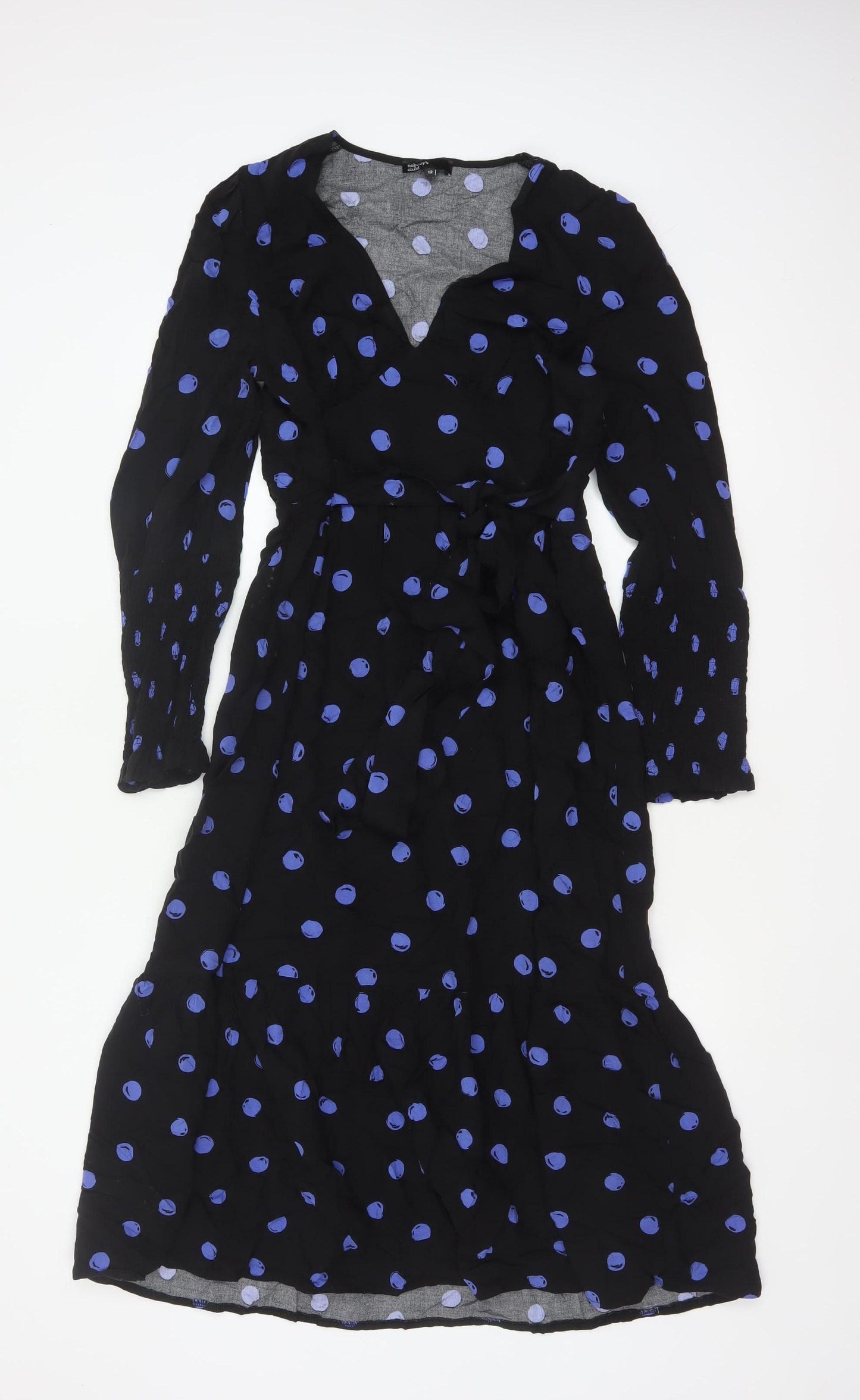 Nobody's Child Women Black Blue Polka Dot Wrap Midi Dress UK 12