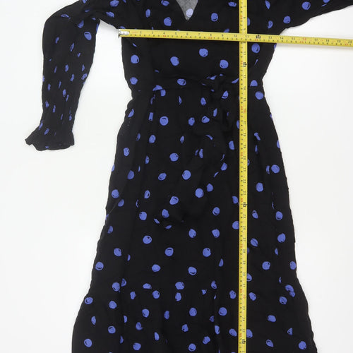 Nobody's Child Women Black Blue Polka Dot Wrap Midi Dress UK 12
