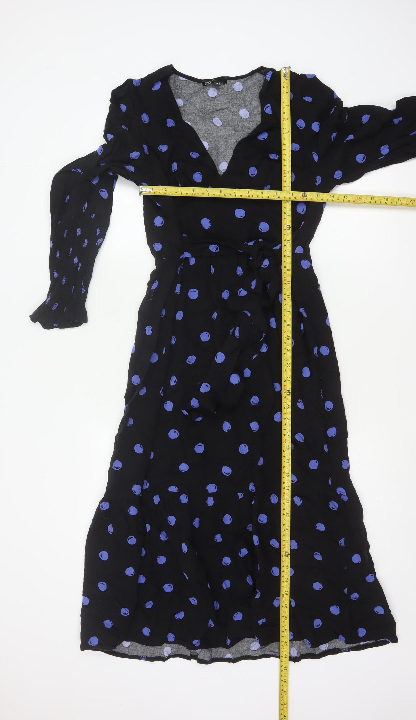 Nobody's Child Women Black Blue Polka Dot Wrap Midi Dress UK 12