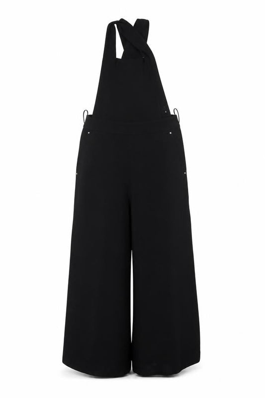 FULWIN Women Black UK 10 Wide-Leg Dungaree Jumpsuit Pockets