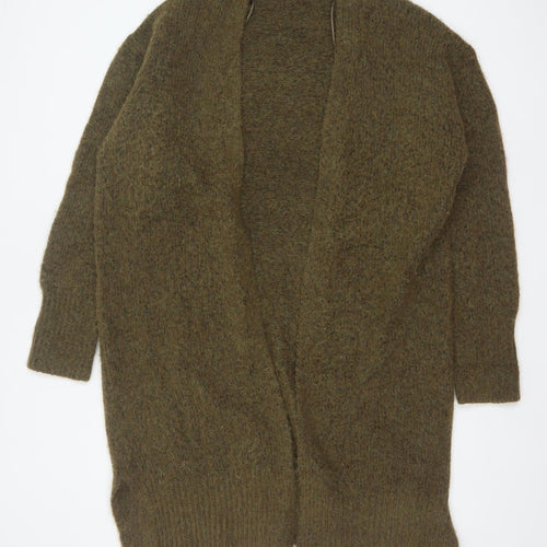 Zara Women Khaki XS-S Long Open Knit Cardigan Wool Blend