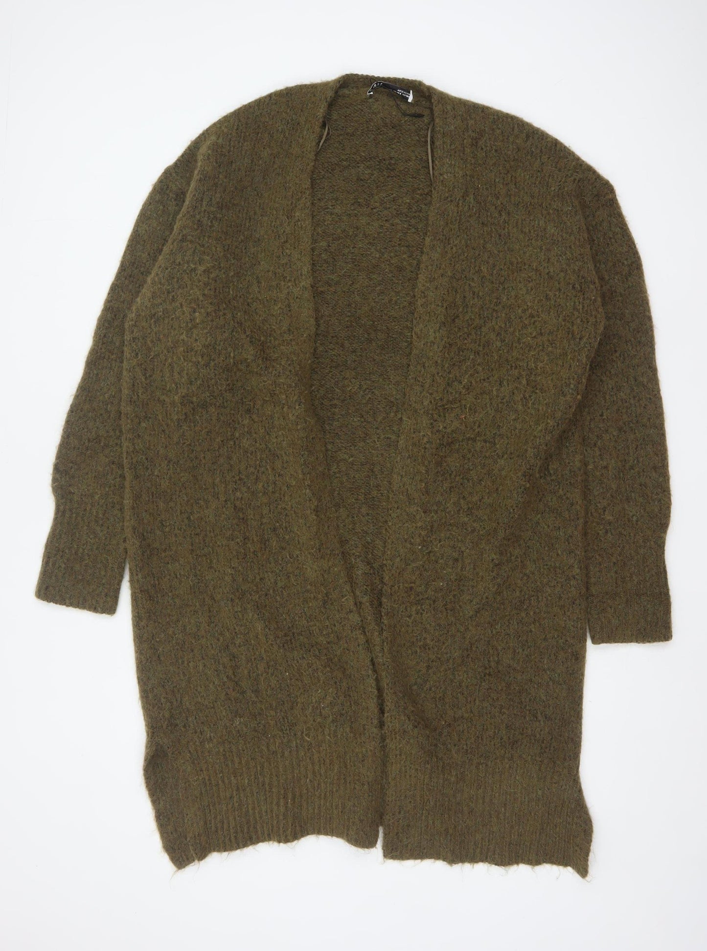 Zara Women Khaki XS-S Long Open Knit Cardigan Wool Blend
