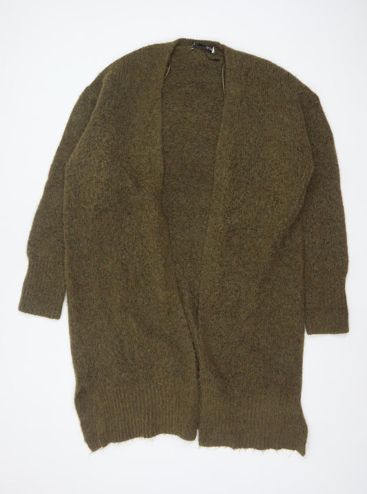 Zara Women Khaki XS-S Long Open Knit Cardigan Wool Blend
