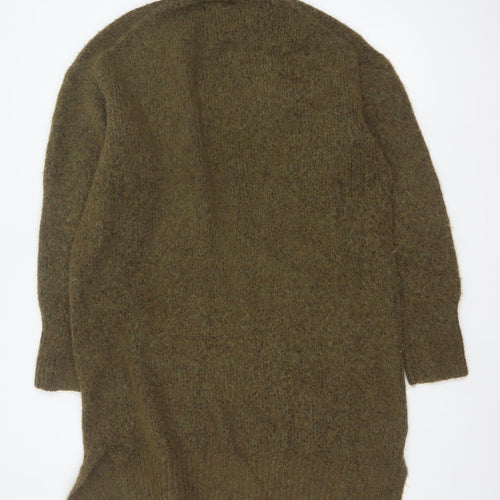 Zara Women Khaki XS-S Long Open Knit Cardigan Wool Blend