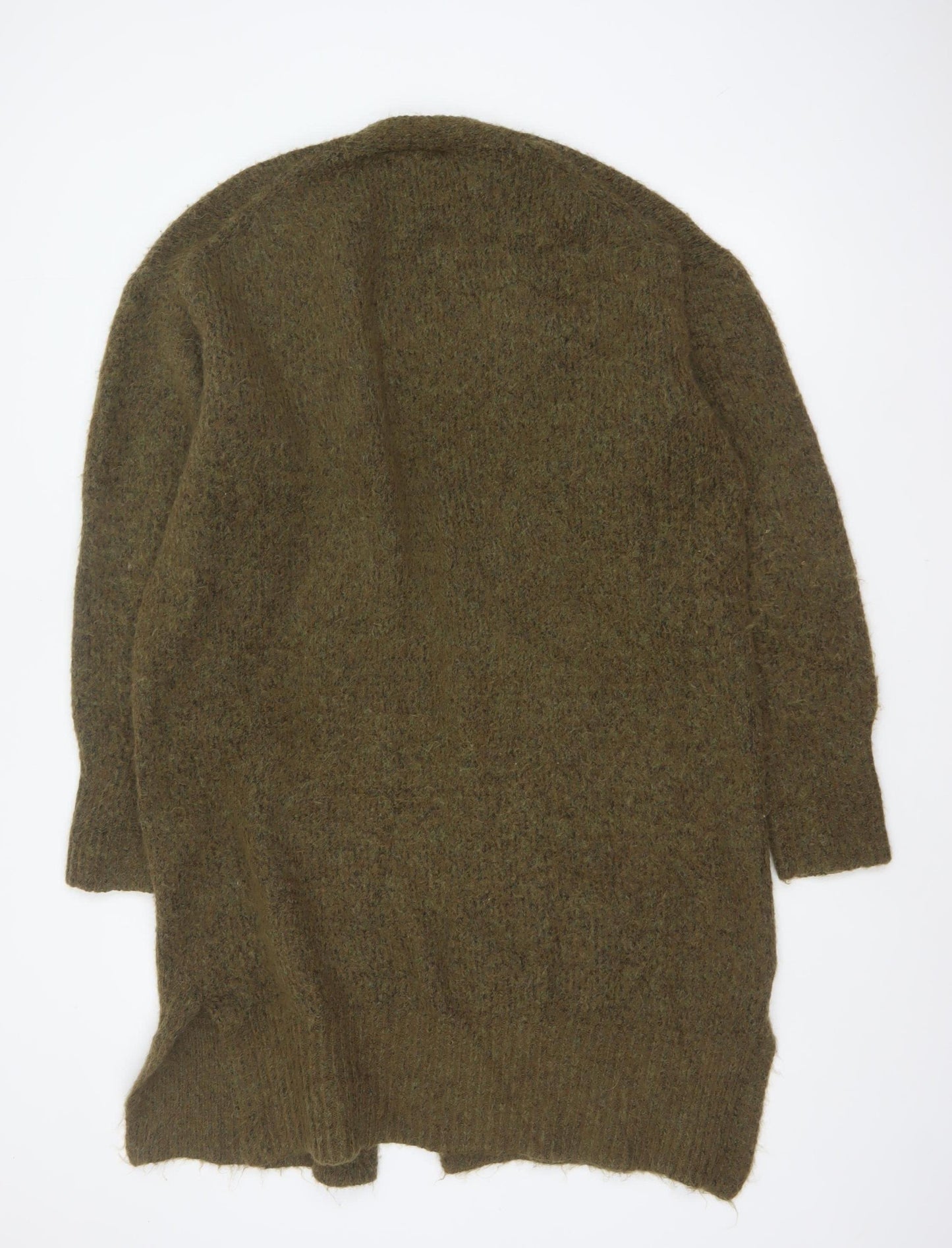 Zara Women Khaki XS-S Long Open Knit Cardigan Wool Blend