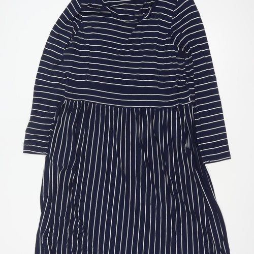 WoolOvers Women Blue L Striped Wrap Knee Length Long Sleeve Dress
