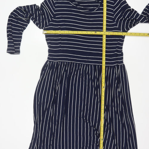 WoolOvers Women Blue L Striped Wrap Knee Length Long Sleeve Dress