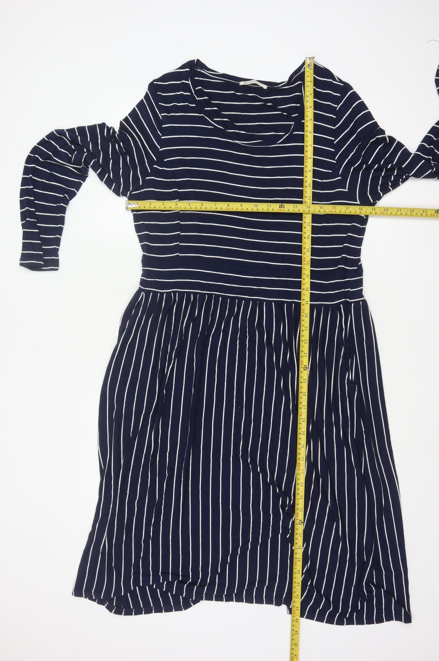 WoolOvers Women Blue L Striped Wrap Knee Length Long Sleeve Dress