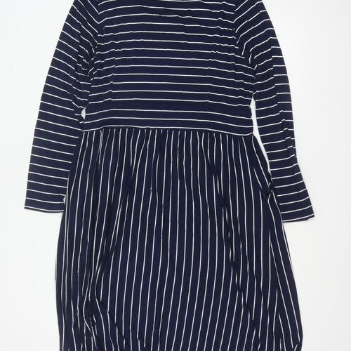 WoolOvers Women Blue L Striped Wrap Knee Length Long Sleeve Dress