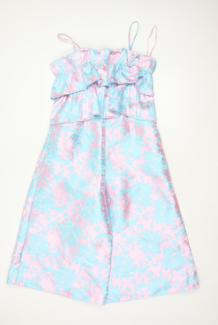 ASOS Women Multicoloured Floral Satin Ruffle Wide-Leg Jumpsuit UK 10