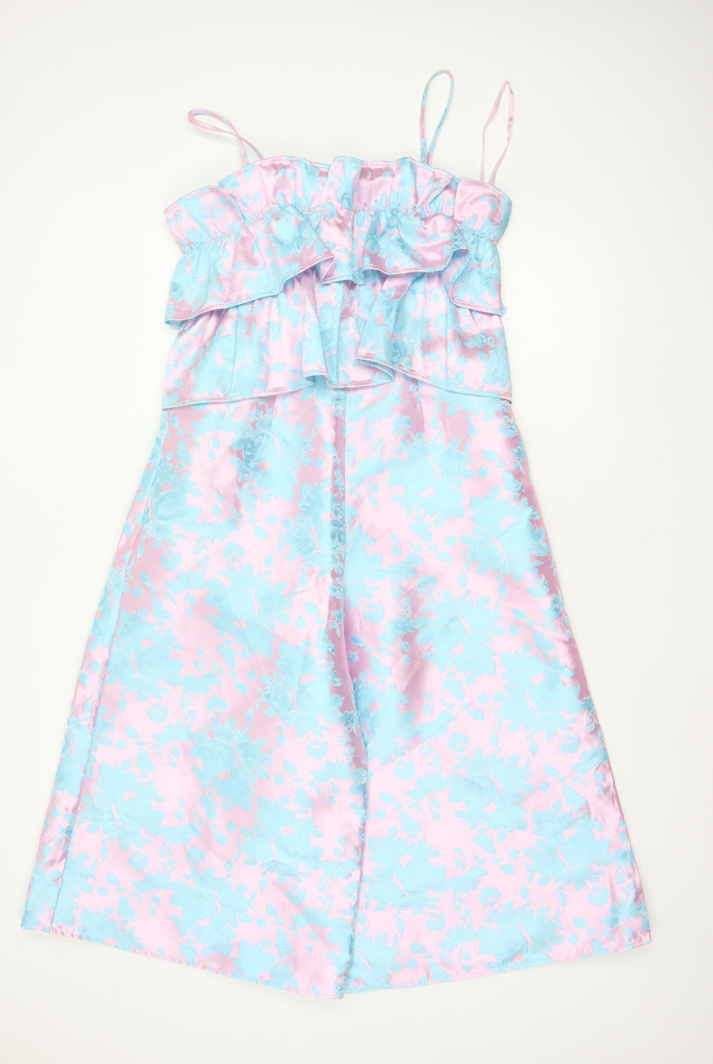 ASOS Women Multicoloured Floral Satin Ruffle Wide-Leg Jumpsuit UK 10