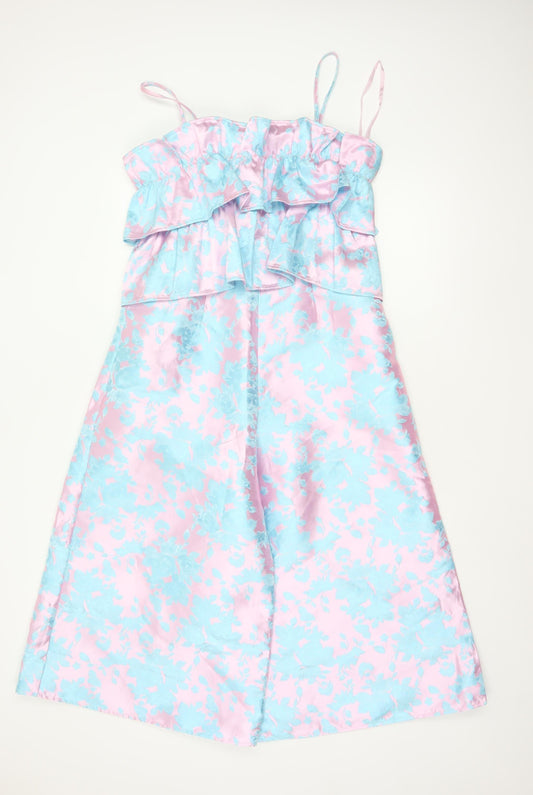 ASOS Women Multicoloured Floral Satin Ruffle Wide-Leg Jumpsuit UK 10