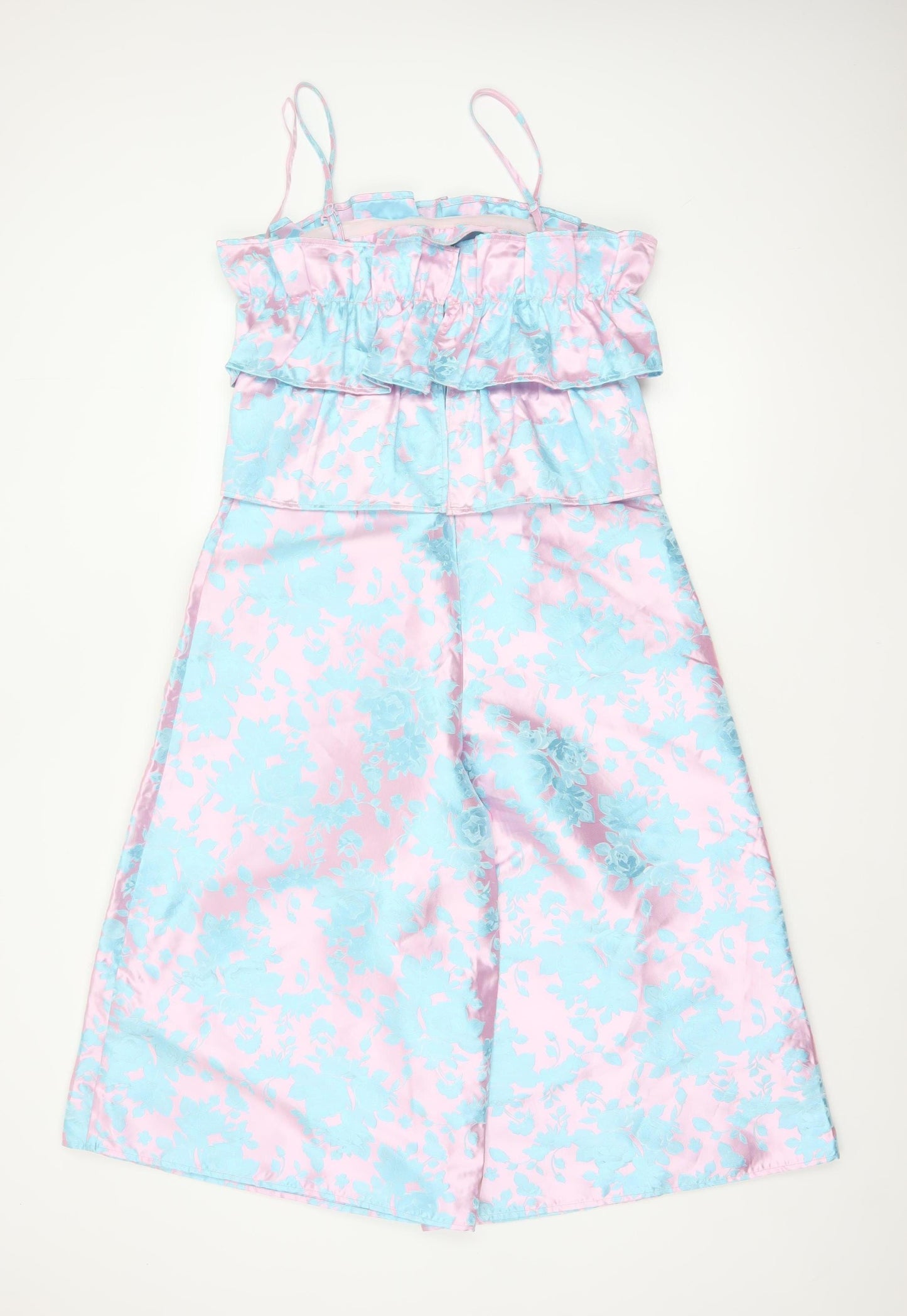 ASOS Women Multicoloured Floral Satin Ruffle Wide-Leg Jumpsuit UK 10
