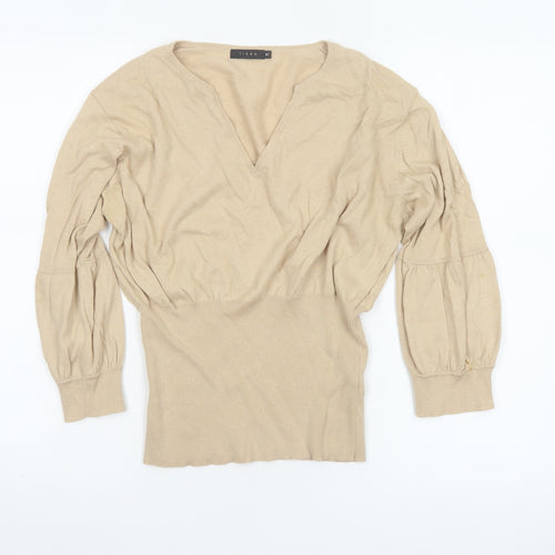 Linea Women Beige M Cotton Cashmere V-Neck Balloon Sleeve Jumper