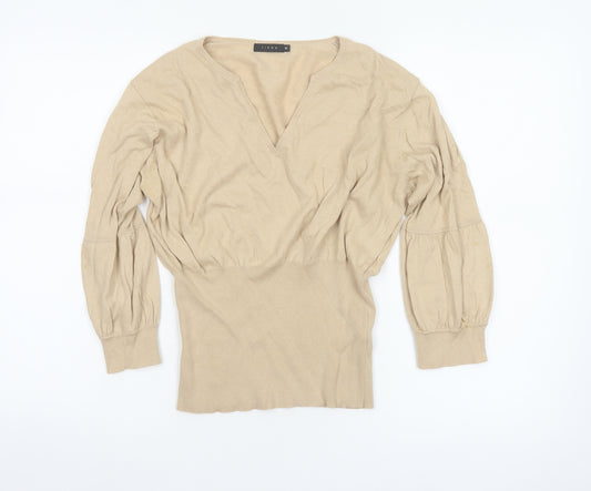 Linea Women Beige M Cotton Cashmere V-Neck Balloon Sleeve Jumper