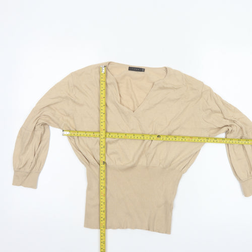 Linea Women Beige M Cotton Cashmere V-Neck Balloon Sleeve Jumper