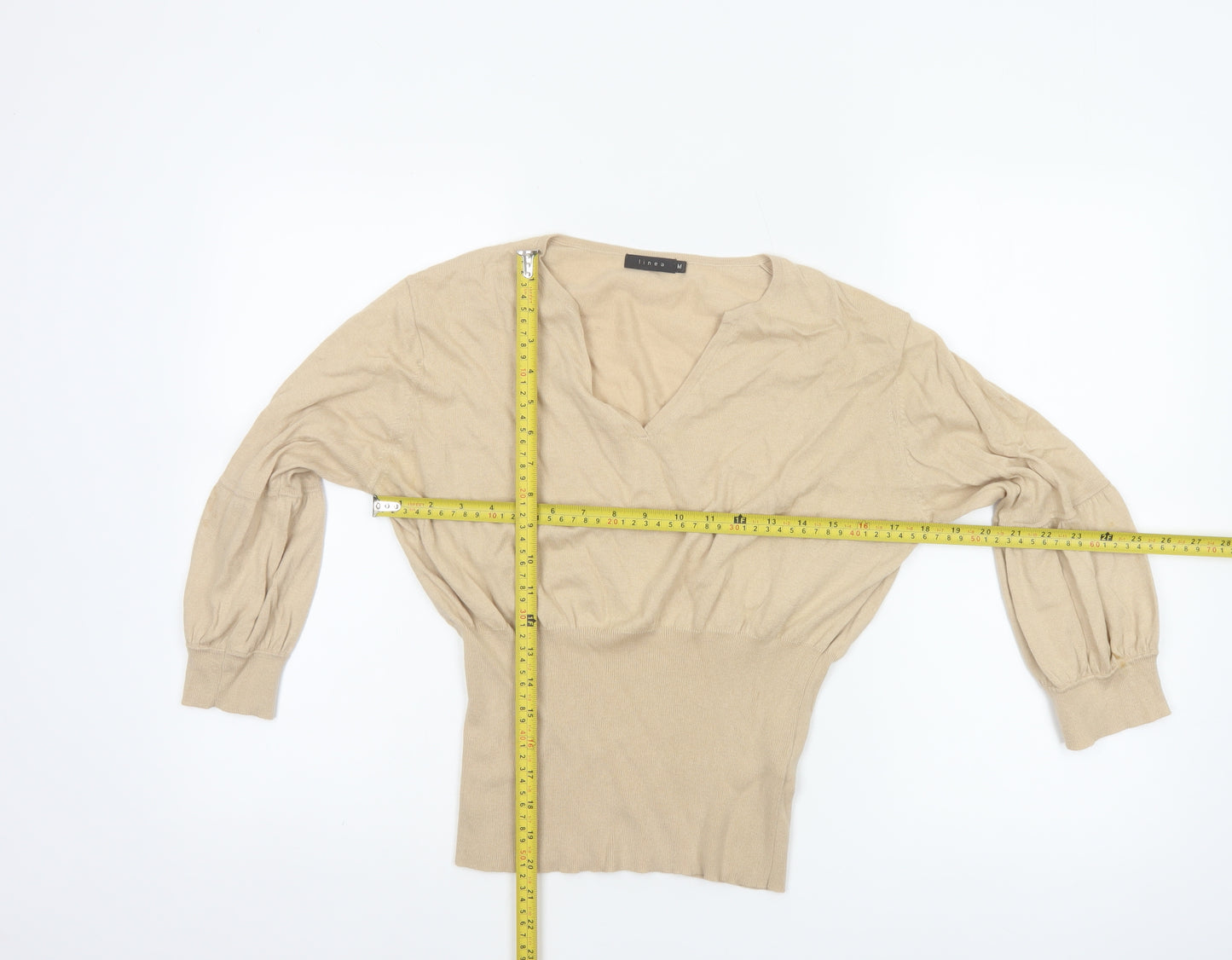 Linea Women Beige M Cotton Cashmere V-Neck Balloon Sleeve Jumper